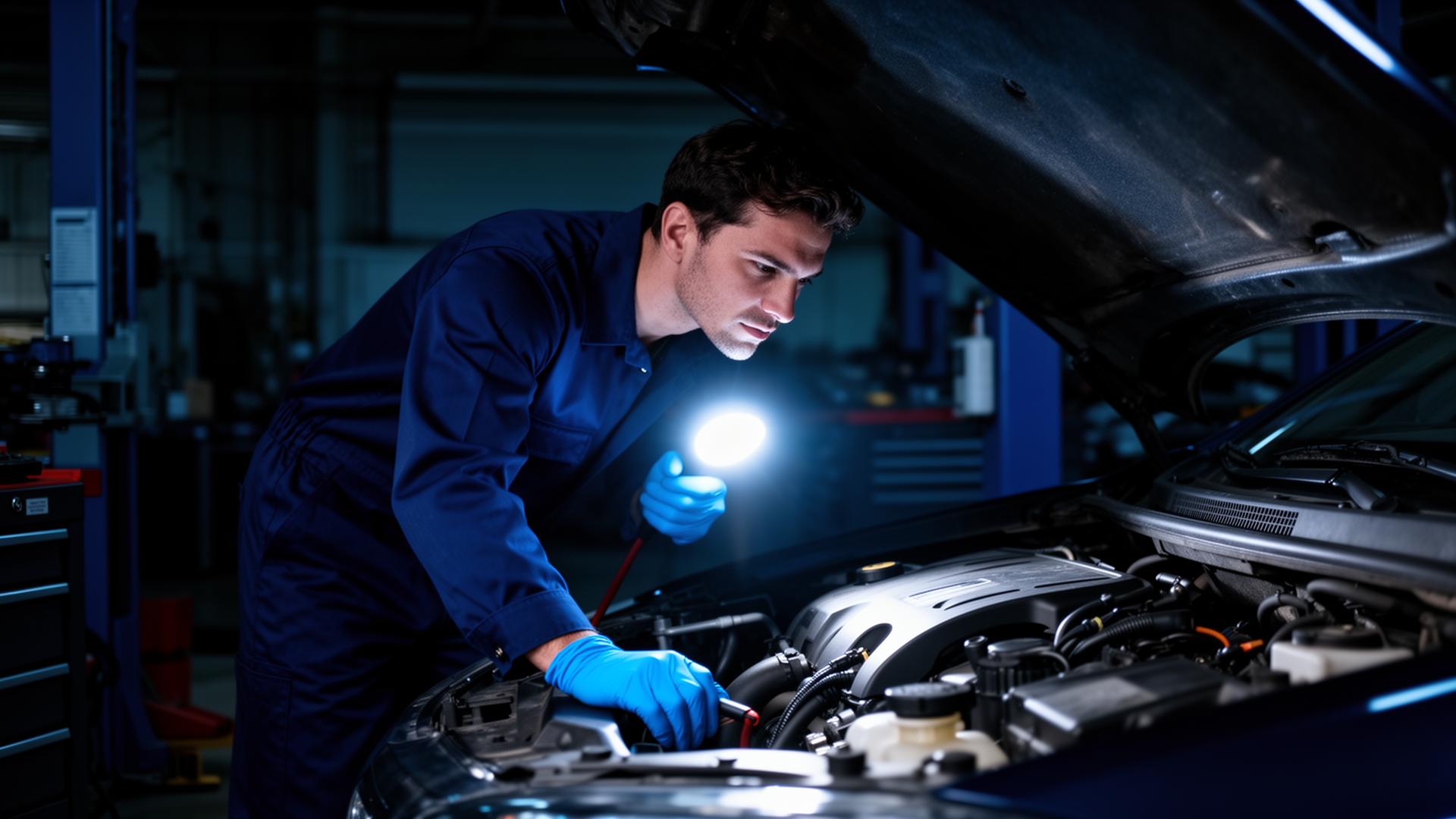 Mecânico inspecionando motor com lanterna em oficina premium